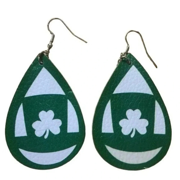 St. Patrick's Day Shamrock Earrings Green Teardrop Faux Leather Dangle Earrings - Picture 1 of 6